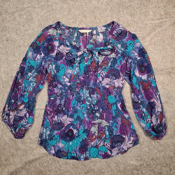 Rebecca Taylor Tops - Rebecca Taylor Top Womens Size 6 Silk Floral Balloon‎ Sleeve Boho Tie Belted
